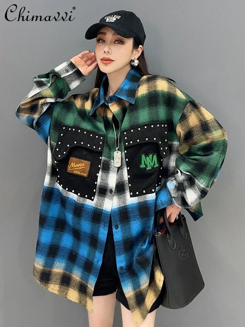 2024 Autumn Clothes New Fashion Printed Plaid Mid-length Shirt Top Loose Long Sleeve Splicing Casual Large Size Shirts Blouse