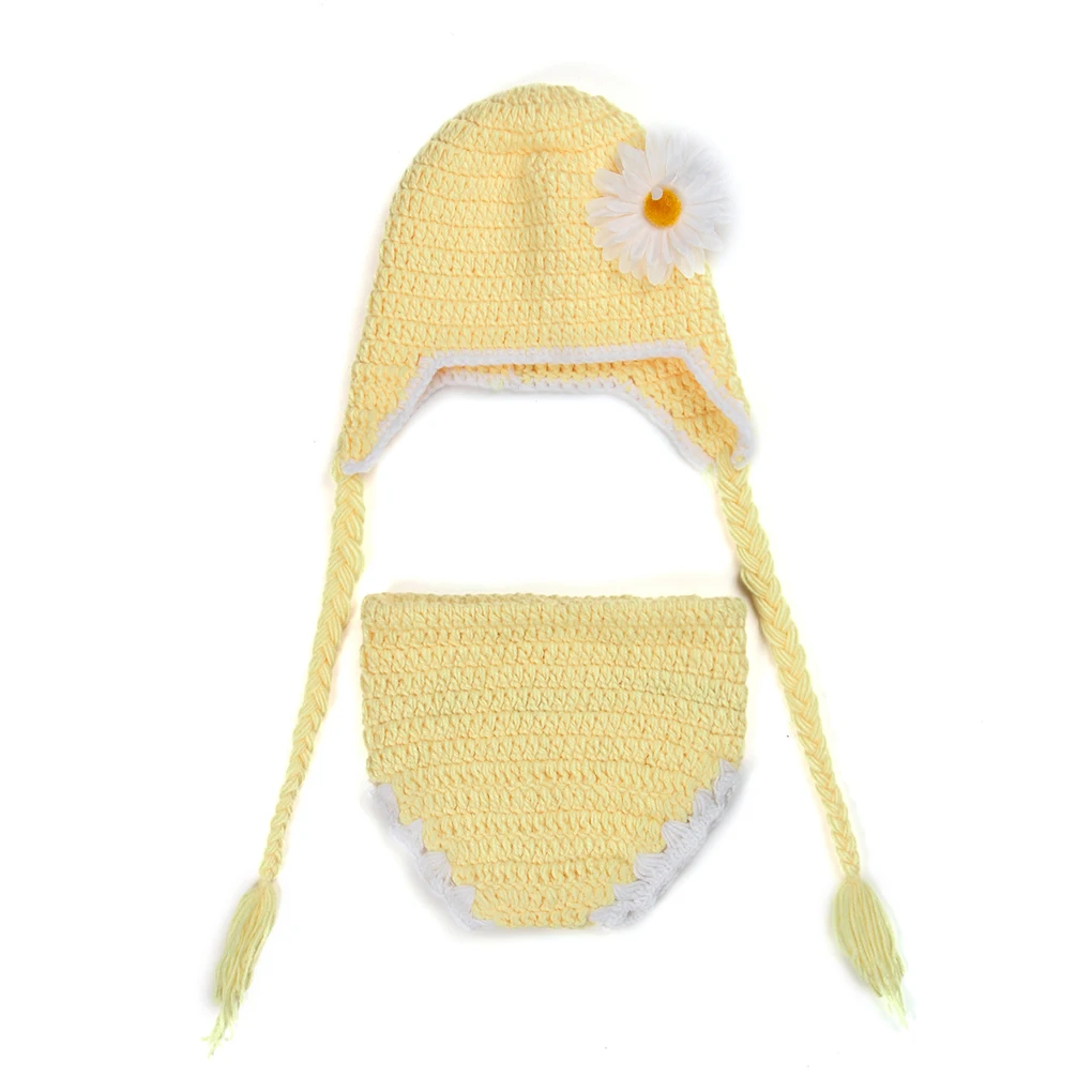 Lovely Sunflower Crochet Wool Knitted Hat Short Pants Newborn Baby Set Studio Photo Supplies