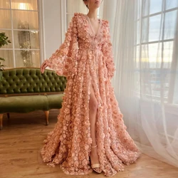 Blush Peach-Pink 3D Flowers Evening Dresses With Bell Long Sleeves V-Neck Arabic Wedding Party Birthday Gown Sz295