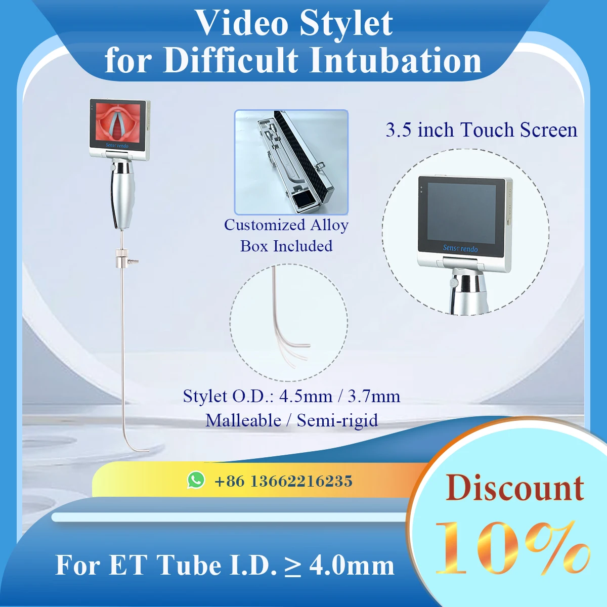 Sensorendo 3.5inch Touchscreen Reusable Video Intubation Stylet (Semi-rigid/Malleable) for Difficult Intubation