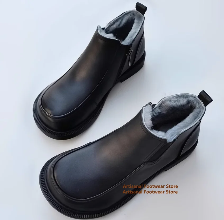 Men's Snow Boots Black/brown Side Zipper Sheepskin Integrated Anti-Slip Snow Boots Handmade Genuine Leather Warm Men Boots
