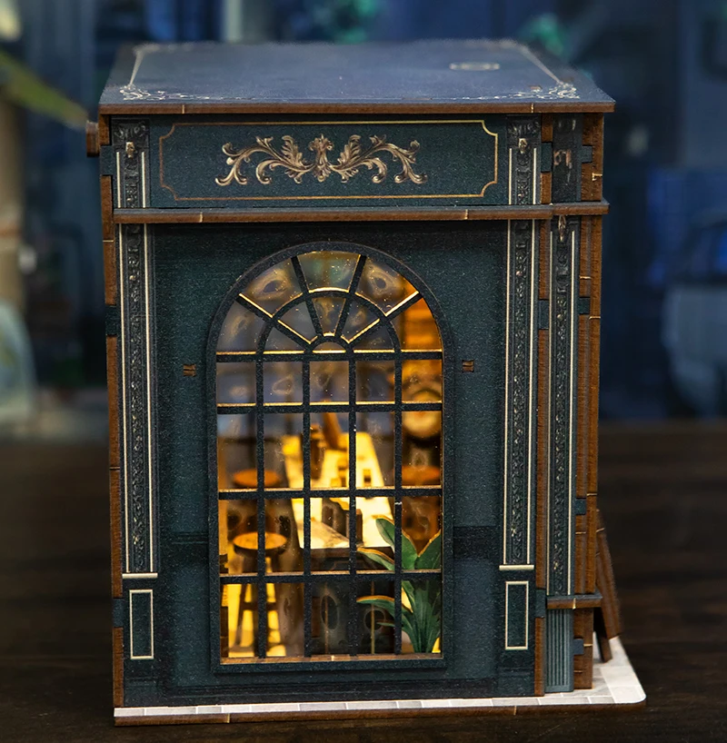 Kits de modelos en miniatura de cafetería de cristal verde de madera DIY con luces LED casa de muñecas con muebles para amigos regalos de cumpleaños