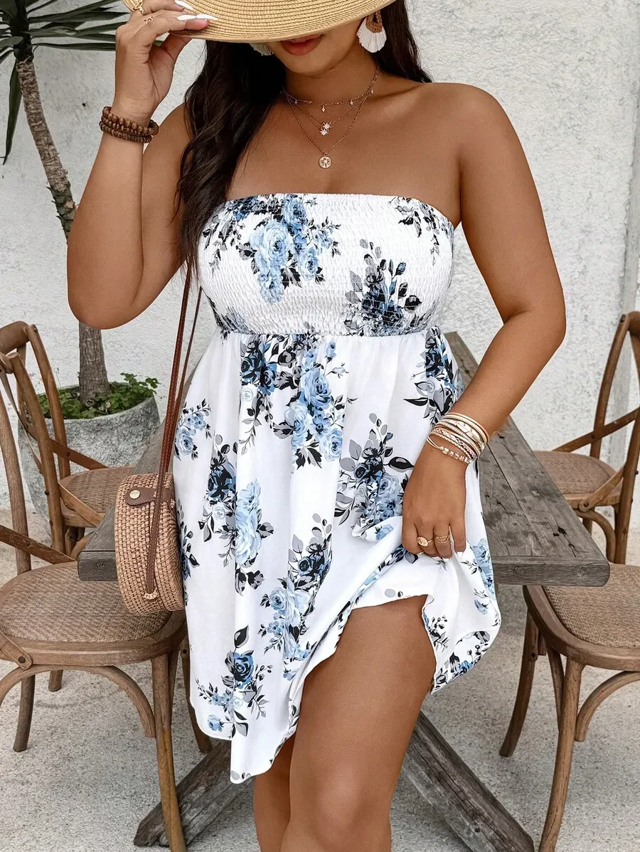 

Floral Print Strapless Tube Dress For Women Casual Vacation Sundress