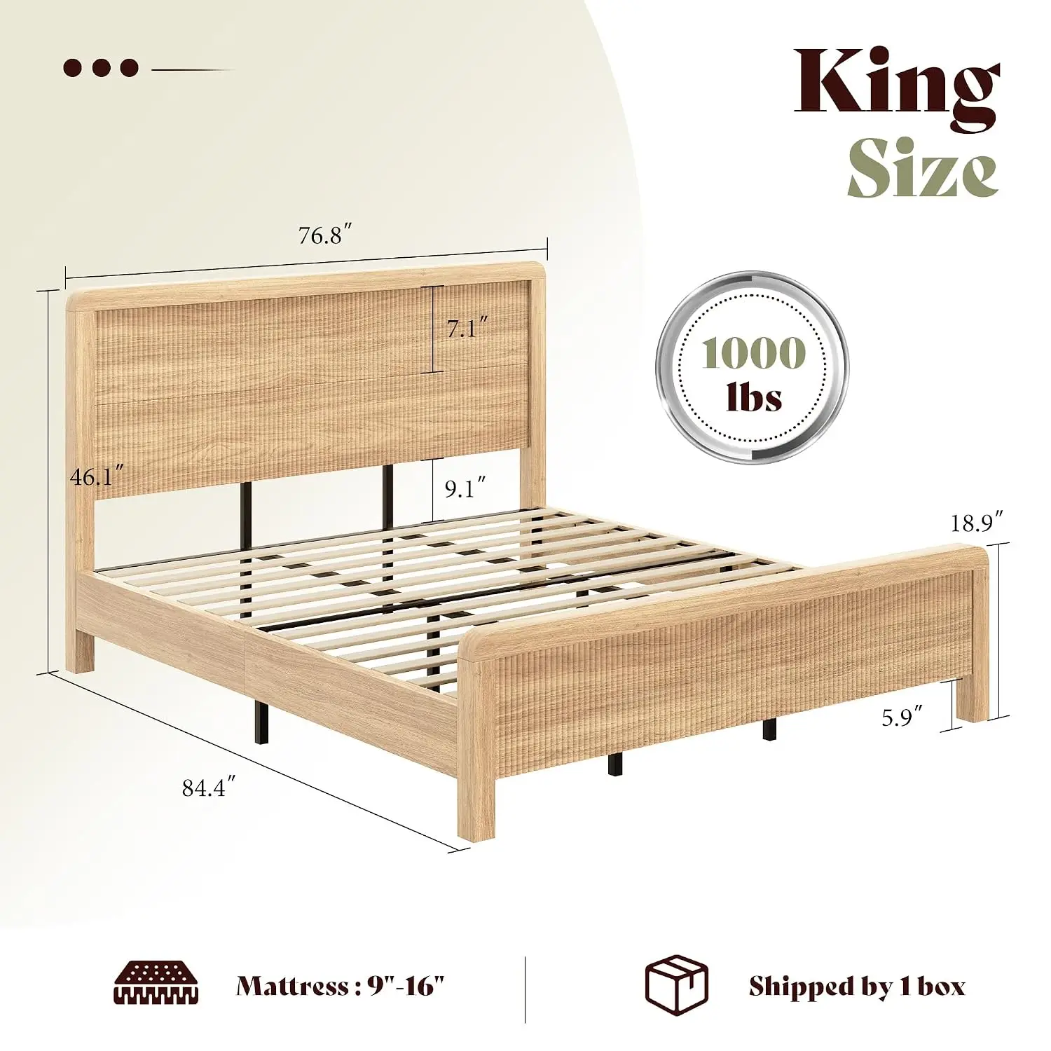 Wood King Size Bed Frame with Headboard & Footboard, Modern Fluted Wooden Platform Bedframe with Rounded Safety Edges,Custom view 3