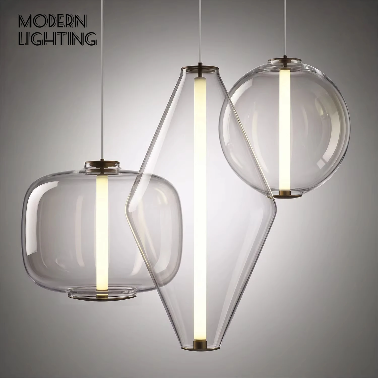 Modern Geometric Biconical Diamond Glass LED Tube Pendant Light Clear Sculpted Shades Elegant Residential Commercial Interiors