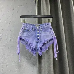 2024  Summer New Women's Purple Shorts Fashion Sexy Low Rise Single Breasted A-line Denim Shorts With Strap Hot Pants Female