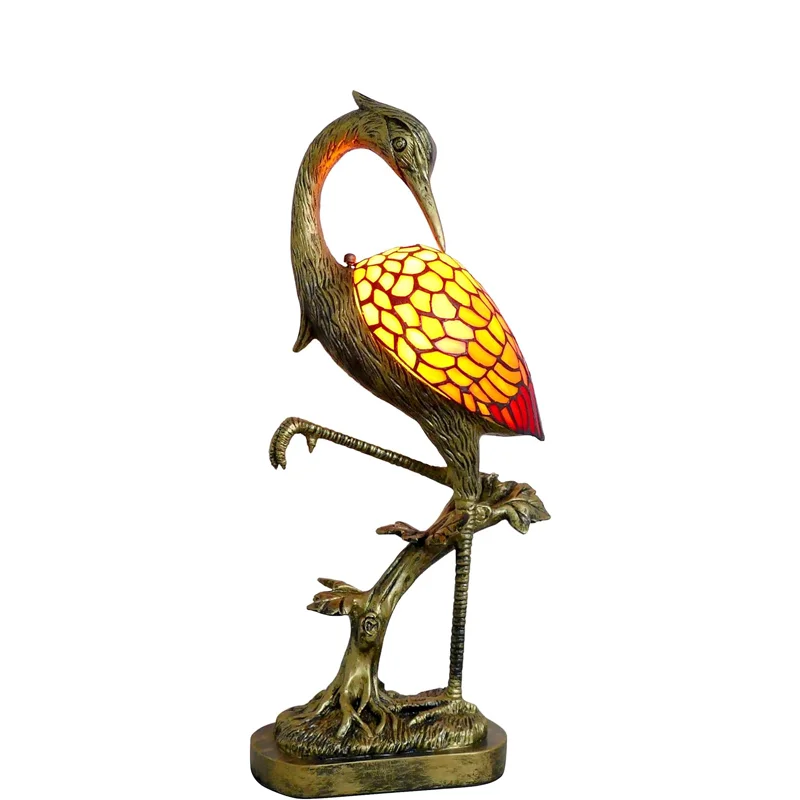 

Orange Crane Bird Style Tiffany Light Retro Stained Glass Lamp Table Lamp LED Bedside Nightstand Lamp for Bedroom Living Room