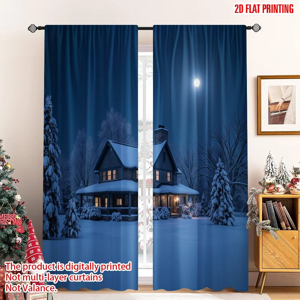 

2pcs 2D flat printing Merry Christmas Party Curtains Winter Night Cozy House Polyester Fabric Without Electricity Spring Perfect