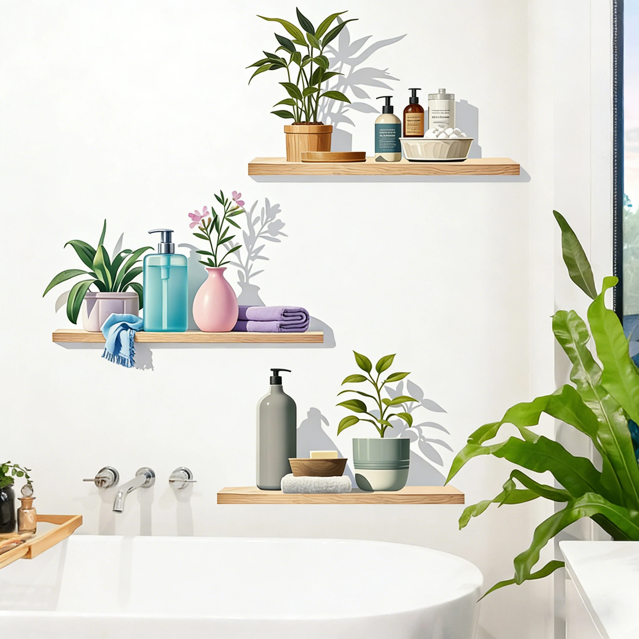 3D Bathroom Shelf Wall Stickers, Realistic Floating Shelves with Plants & Toiletries Decals