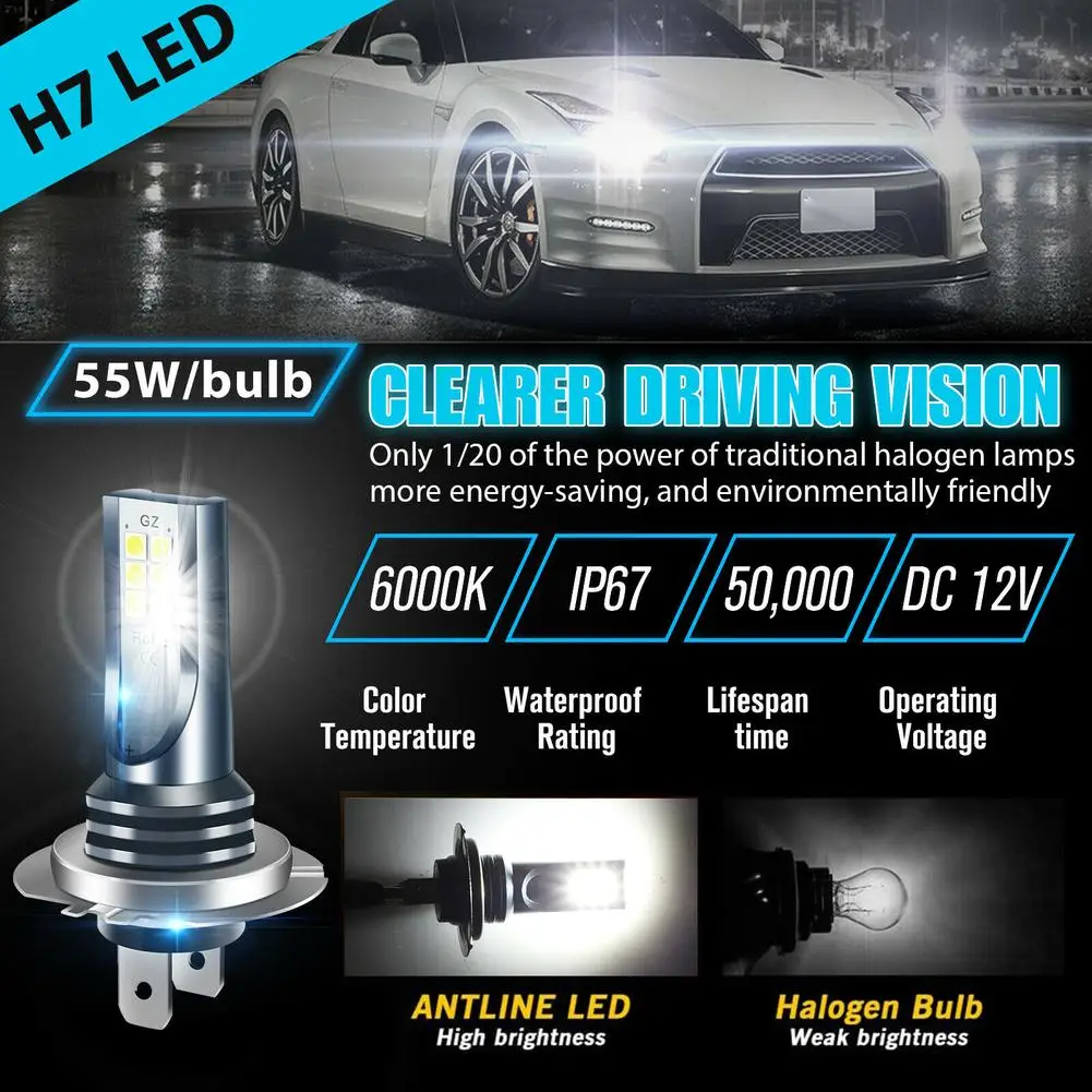 2pcs H7 Led Headlight Bulb Kit Car Fog Light Bulbs High Low Beam 110w 30000lm Super-Bright 6000k White Led Lights For Vehicles