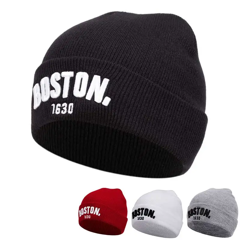 boston. knitted hat, bean hat, outdoor winter hat embroidered ski hat