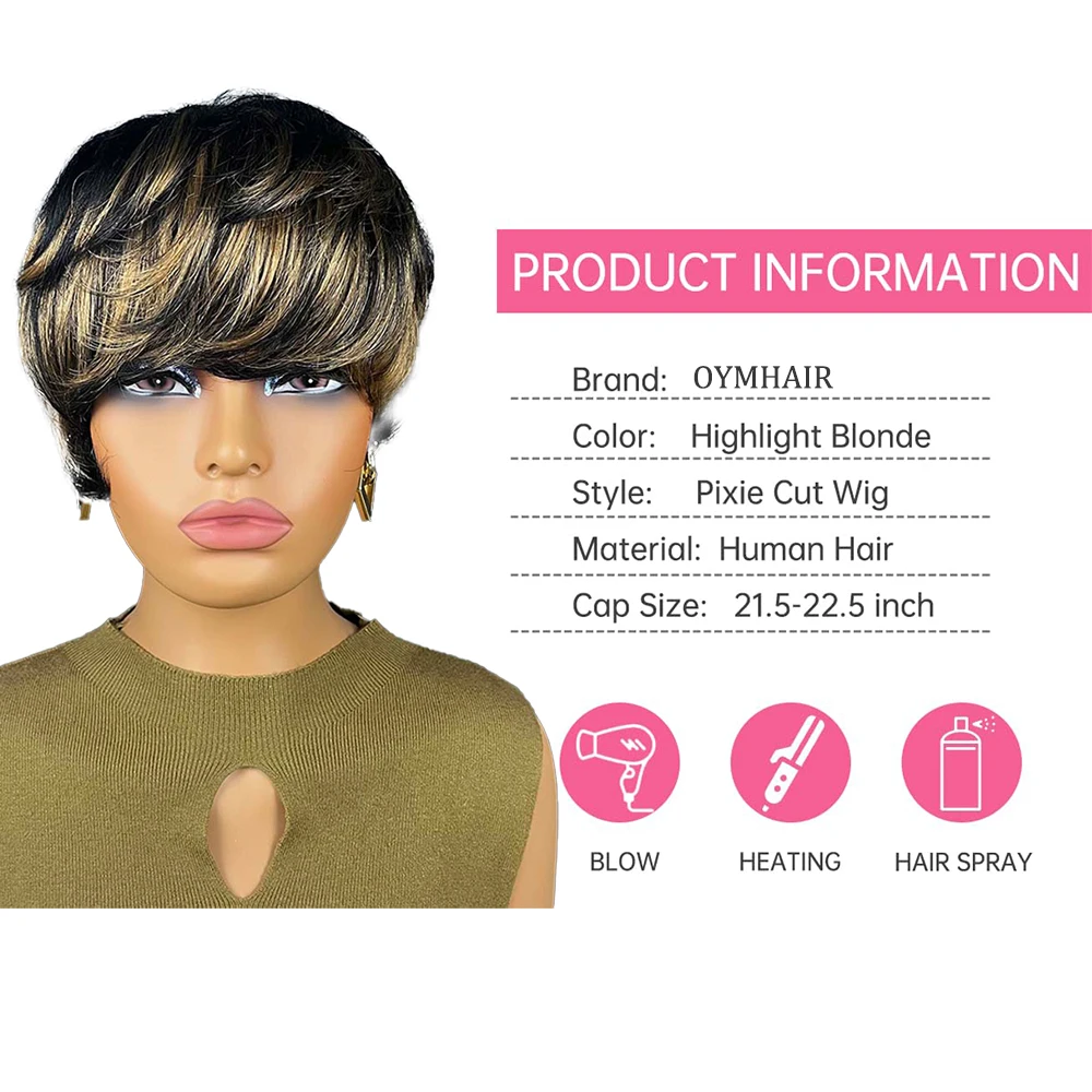 باروكات شعر طبيعي مفرود، شعر مستعار بقص عابث، أشقر، تسليط الضوء على شعر مستعار قصير الطبقات مع غرة تم قطعه مسبقًا للنساء ذوات البشرة السمراء، مصنوع آليًا