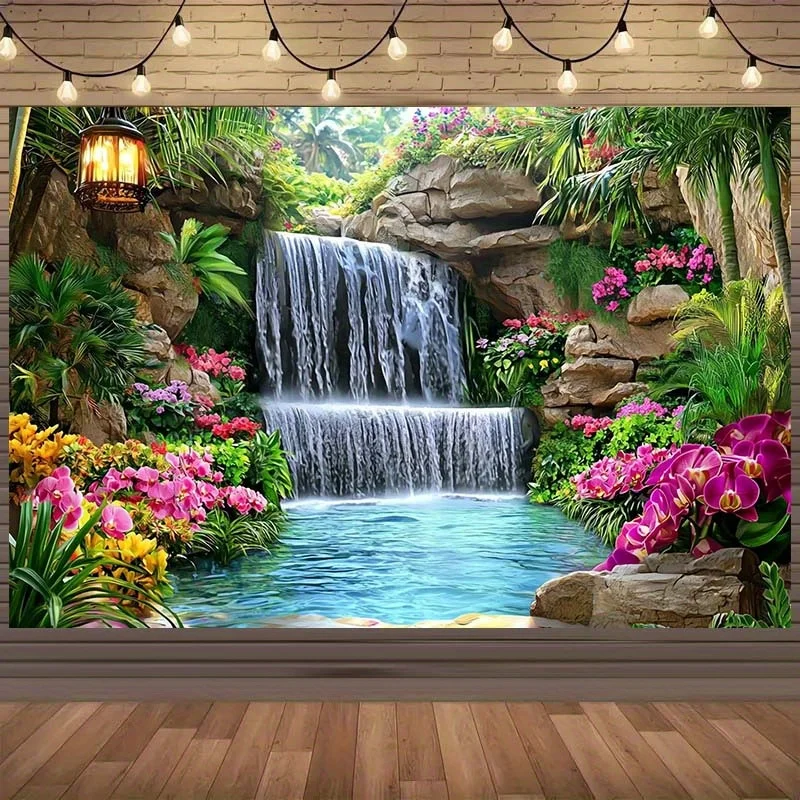 Tropical Waterfall Tapestry, Lush Greenery and Colorful Flowers Scene, Nature Wall Art for Wedding and Party Backdrop Decor