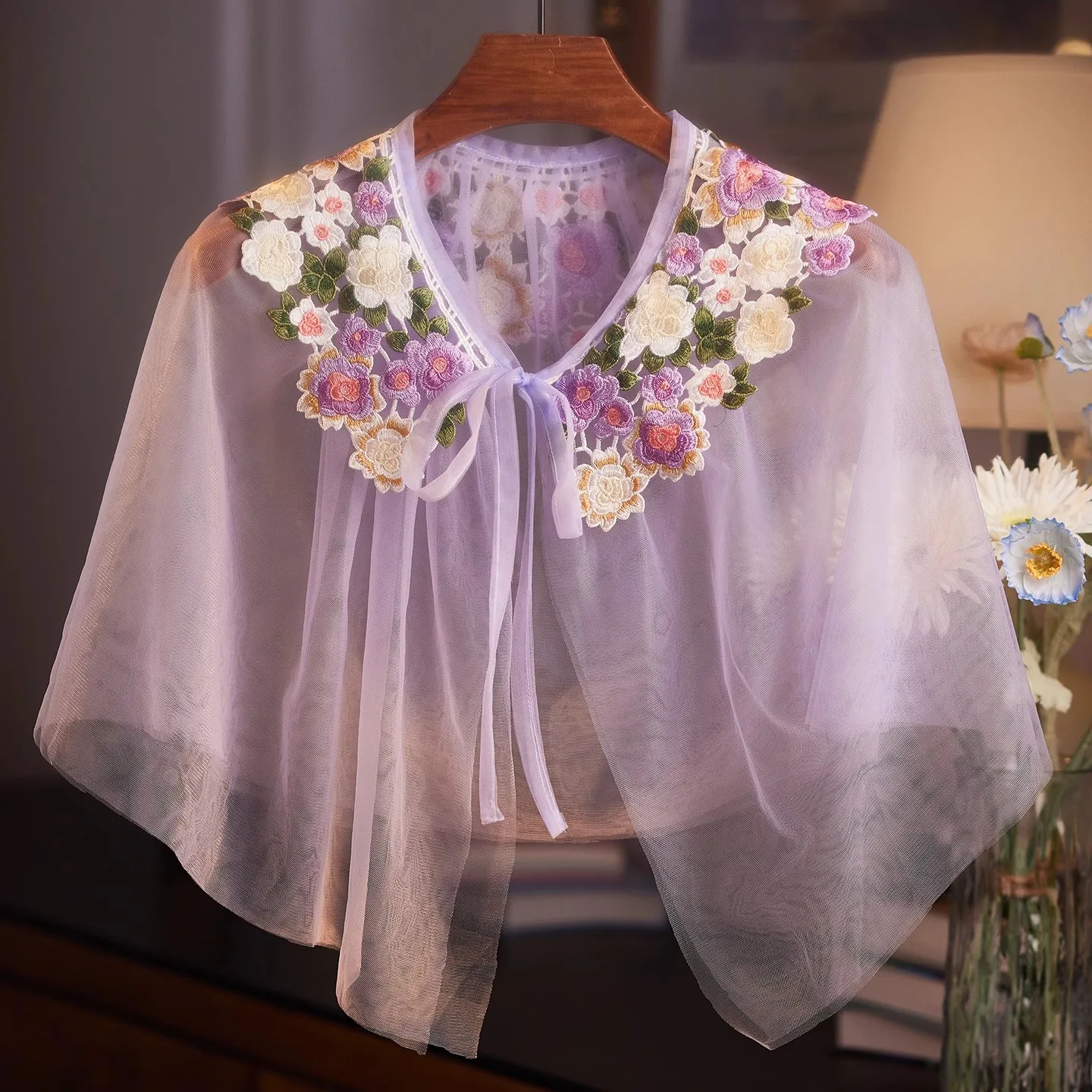 

Women's Spring Summer Flower Embroidery Purple Mesh Cloak Lace Pashmina Female Summer Cosplay Vintage Lace Shawl Collar R273