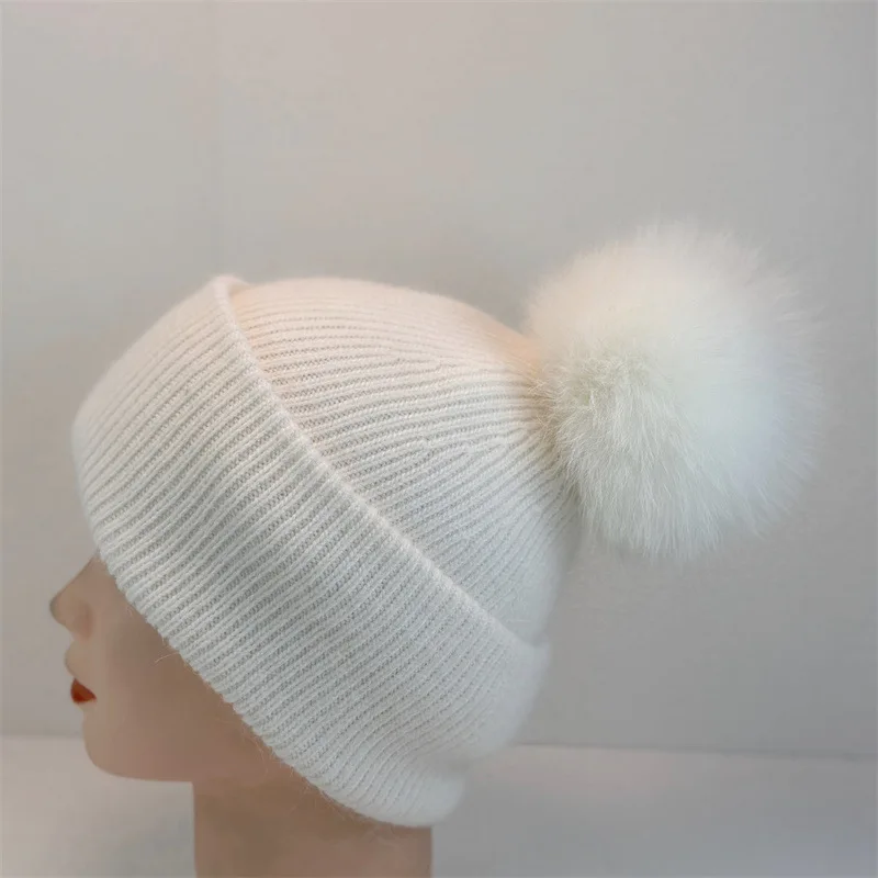

Hat Angora Pompom Women Winter Knit Beanie Real Fox Fur Autumn Warm Skiing Accessory For Sports Outdoors