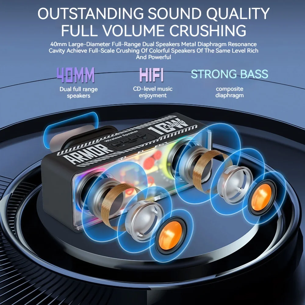 STONEGO 1PC Punk Style Dual Speakers Transparent Mechanical Wireless Bluetooth Speakers LED TWS Bass Diaphragm Sound