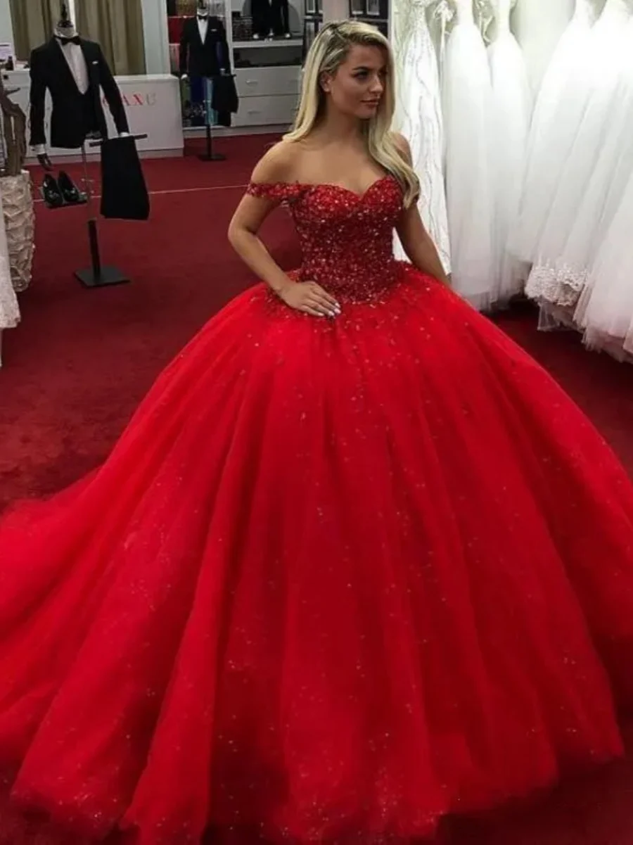 Vestidos de baile de cristal frisado vermelho, Puffy Prom Party Dress, Vestidos de noite formais com renda, Vestidos Quinceanera, Novo, 2024