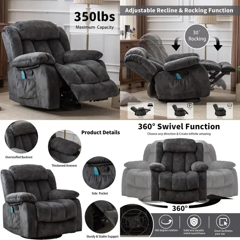 

Grey Swivel Rocker Recliner with Heat & Vibration, 360° Manual Rocking, Comfortable Fabric Sofa Chair for Living Ro