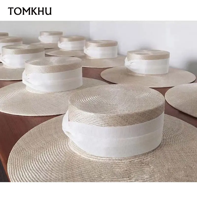 

Designer Custom Fashion High Quality Sisal Grass Straw Hats For Women Bow Ribbon Big Wide Brim Casual Flat Top Cap Chapeau Femme