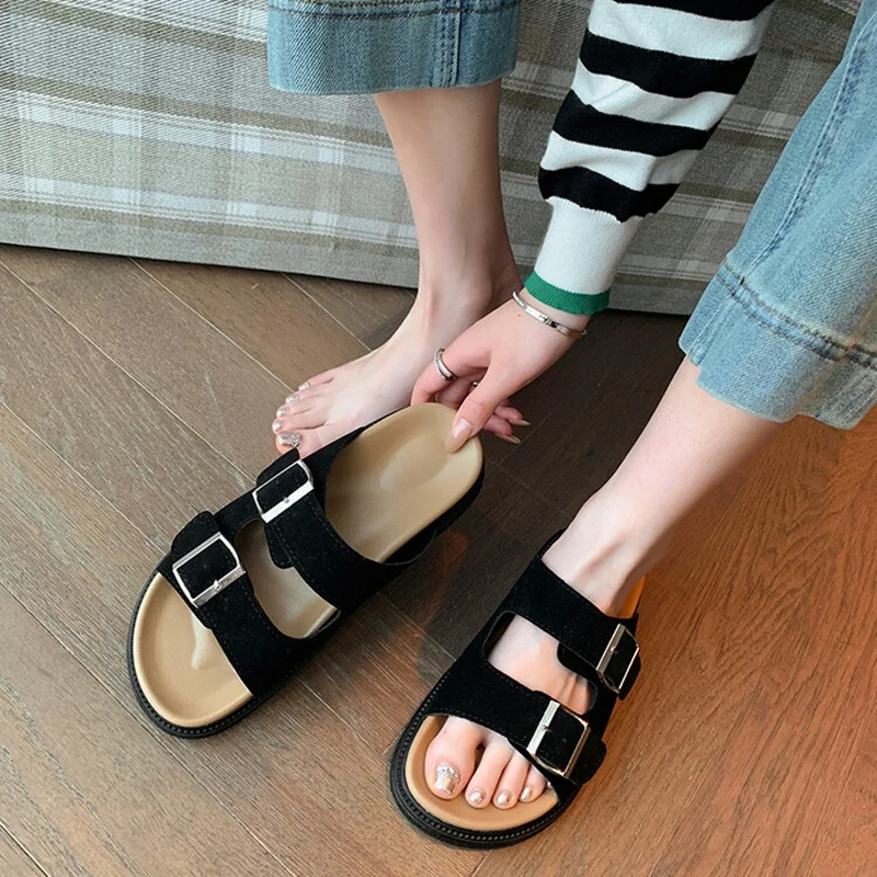 NEW Summer Women Slippers Sheep Suede Leather Shoes for Women Round Toe Thick Heel Shoes Csaual Belt Buckle Shoes Flat Sandals