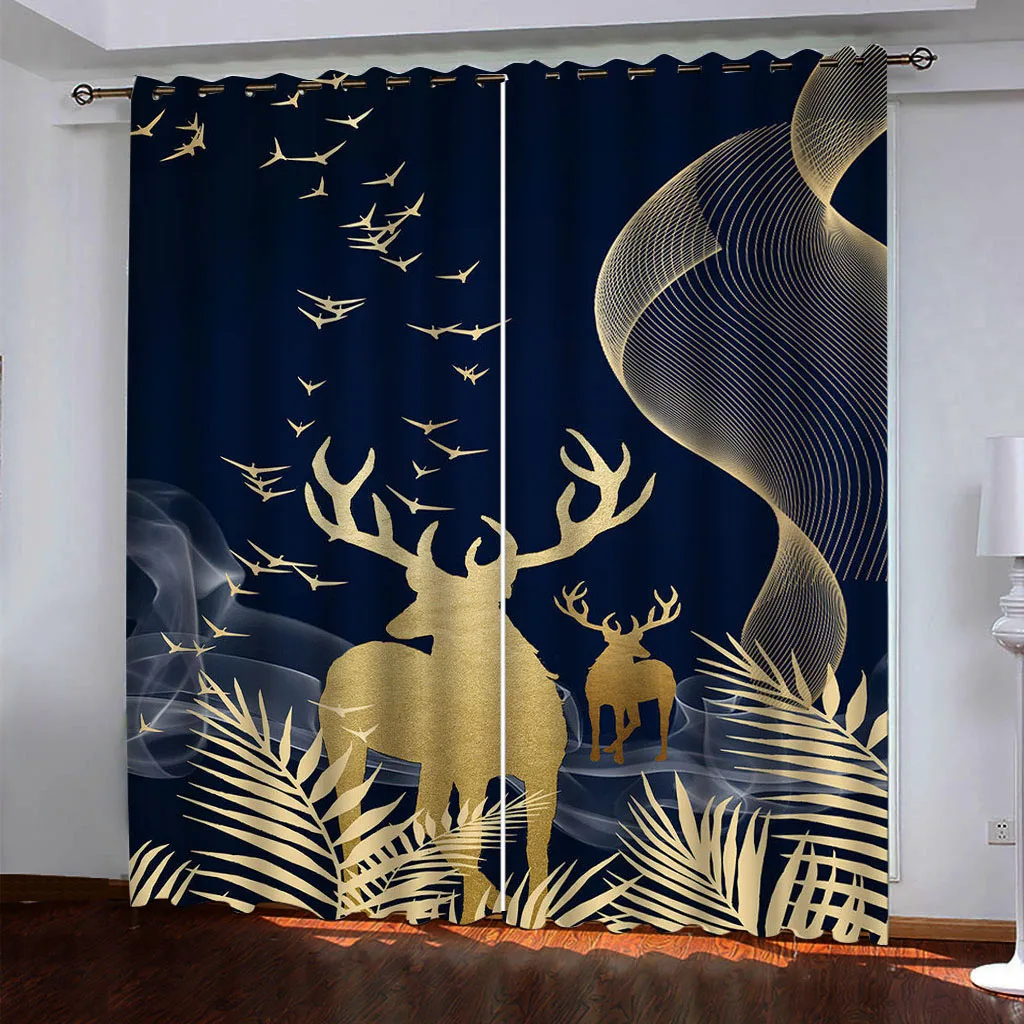 HUANZHUANG Living Room Curtain Fashion 3D Abstract Gold Elk 2 Pieces Shading Window Curtains For Bedroom Decoration Hook