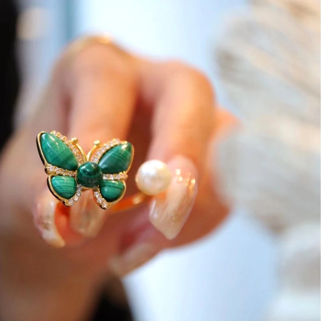 

Real 925 Sterling Silver Ring For Woman Natural Malachite Stone Freshwater Pearl Butterfly Ring Jewelry Gifts High Quality