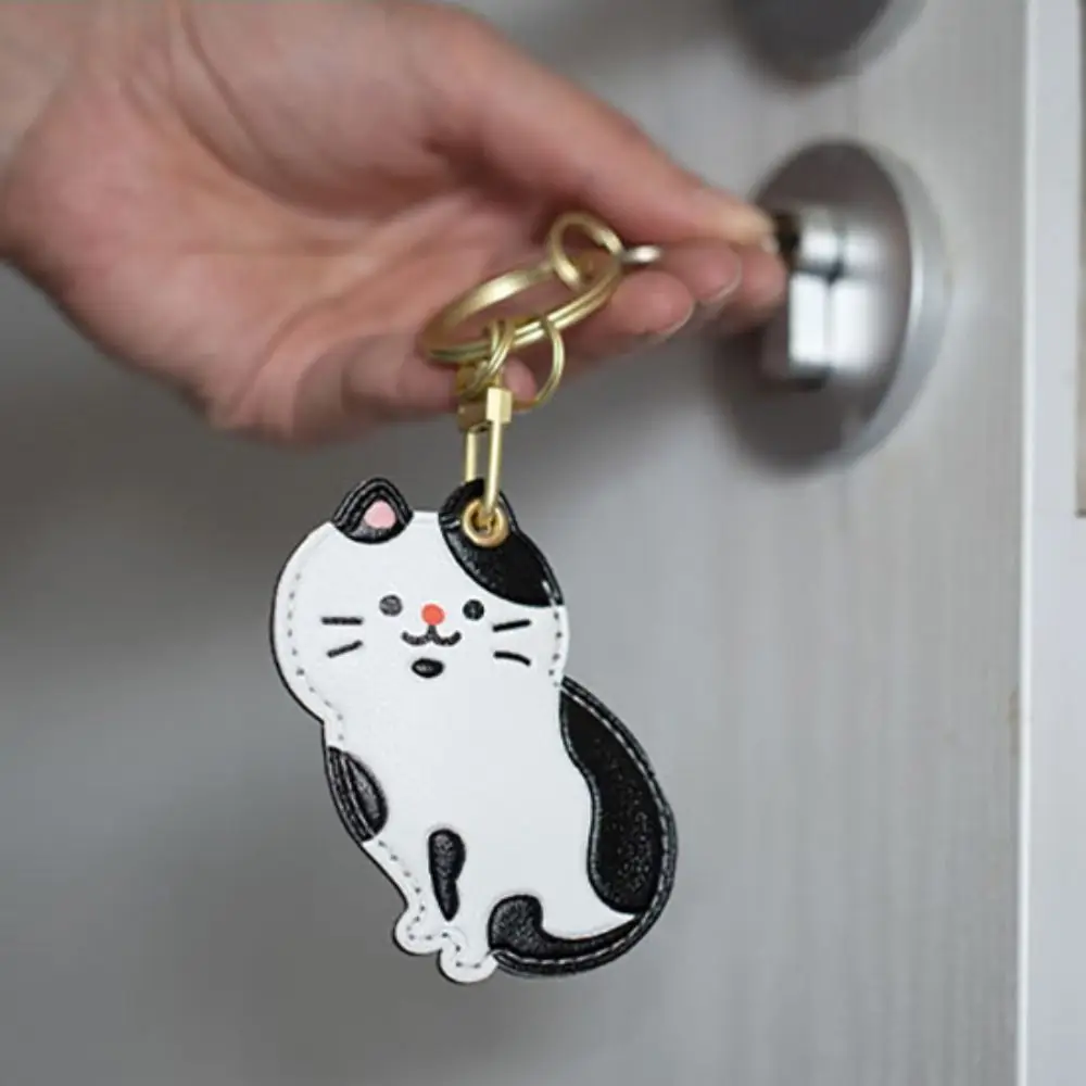 Animal Meow Siamese Cat Keychain Dog Puppy Fortune Cat Pendant Keyring Leather Penguin Access Card Holder Kids