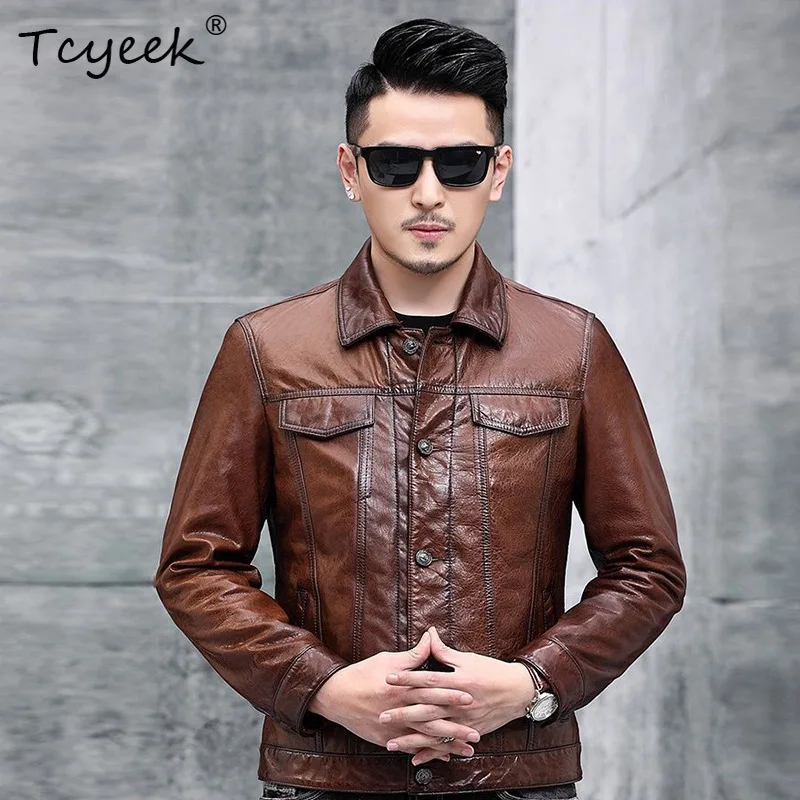 

Tcyeek Natural Cowhide Real Leather Jacket Men Clothing Motocycle Jackets Autumn Mens Coats 2026 Lapel Fashion Бомбер Кожаный