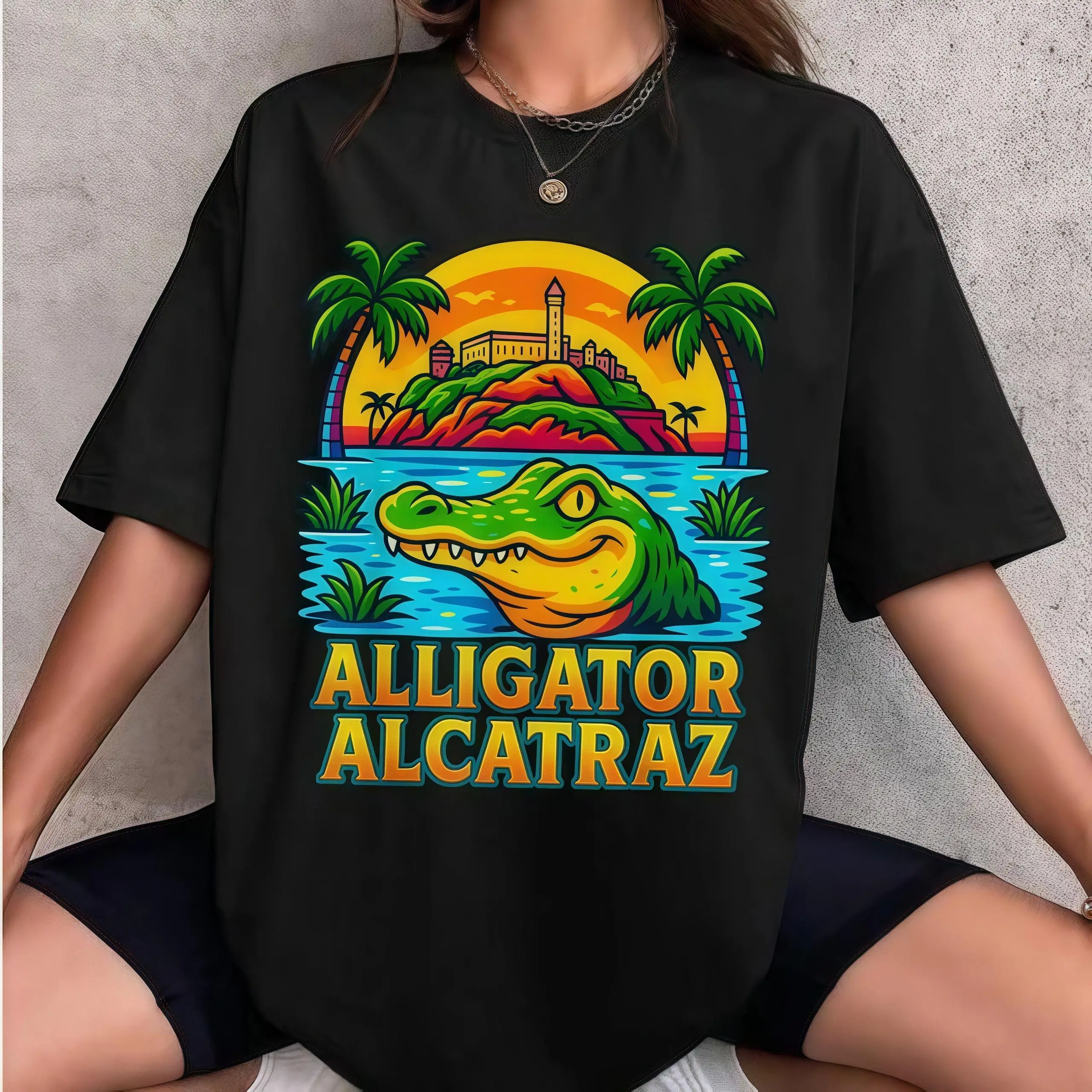 

Funny Alligator Alcatraz T-Shirt Unisex Humor Graphic Tee Retro Crocodile San Francisco Florida Cotton Top Gift