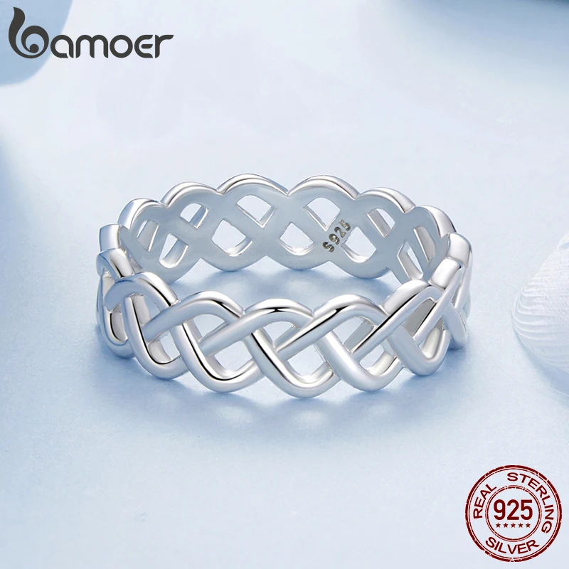 BAMOER 925 Sterling Silver Woven Rings, Celtic Knot Chain Rings for Women Vintage Eternity Band Ring Jewelry BSR619