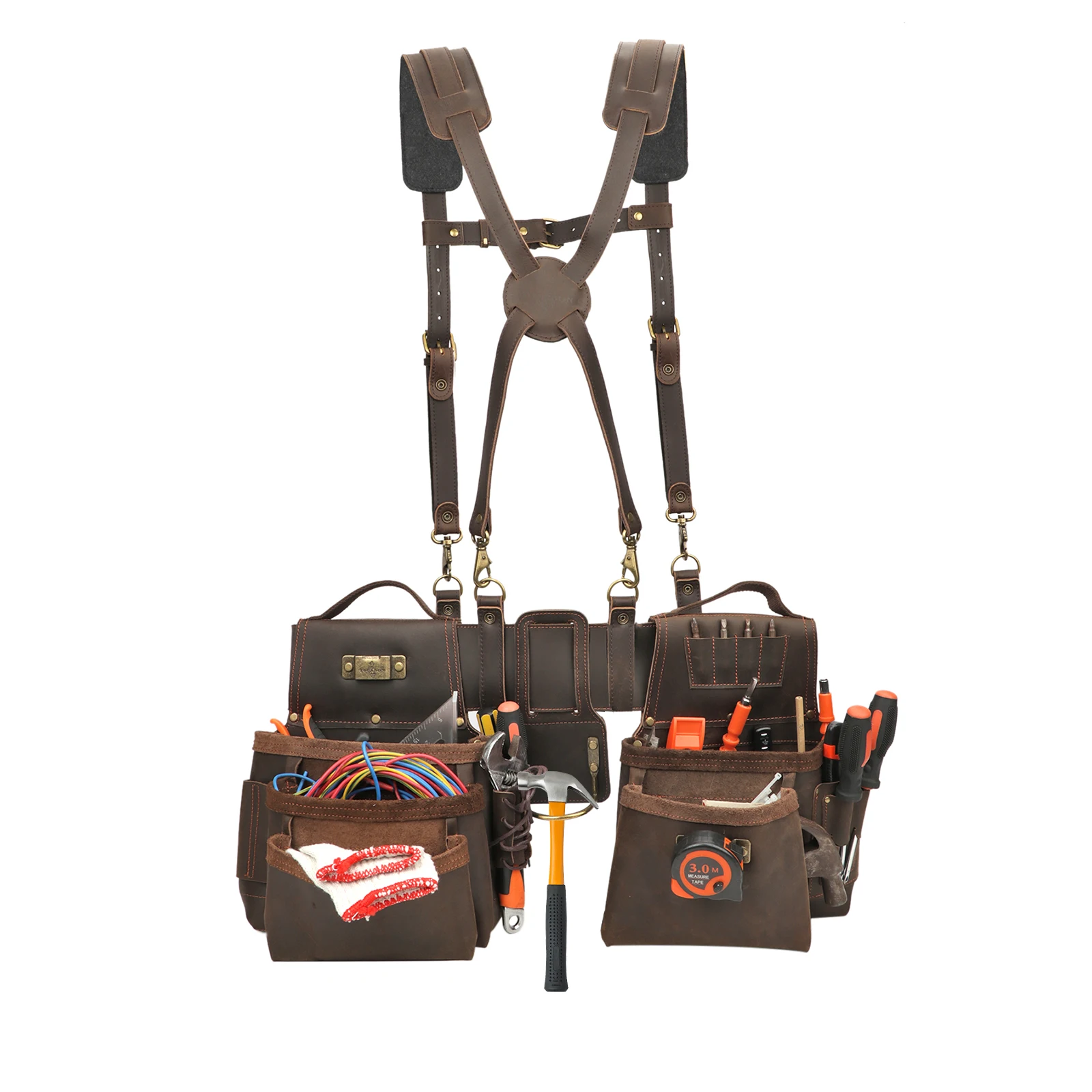 Imagem -02 - Tourbon-cinto de Ferramentas de Couro com Suspensórios Ajustáveis Combo Ferramenta do Eletricista Avental Bolsa Acolchoado Bolsos Destacáveis Heavy Duty