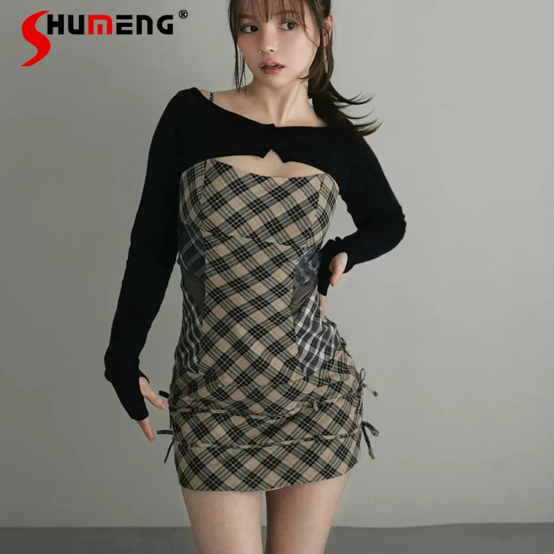 

Japanese Style Retro Plaid Patchwork Two-Piece Dress Knitted Long Sleeves Waist-Cinching Short Dresses Kawaii Clothes For Ladies