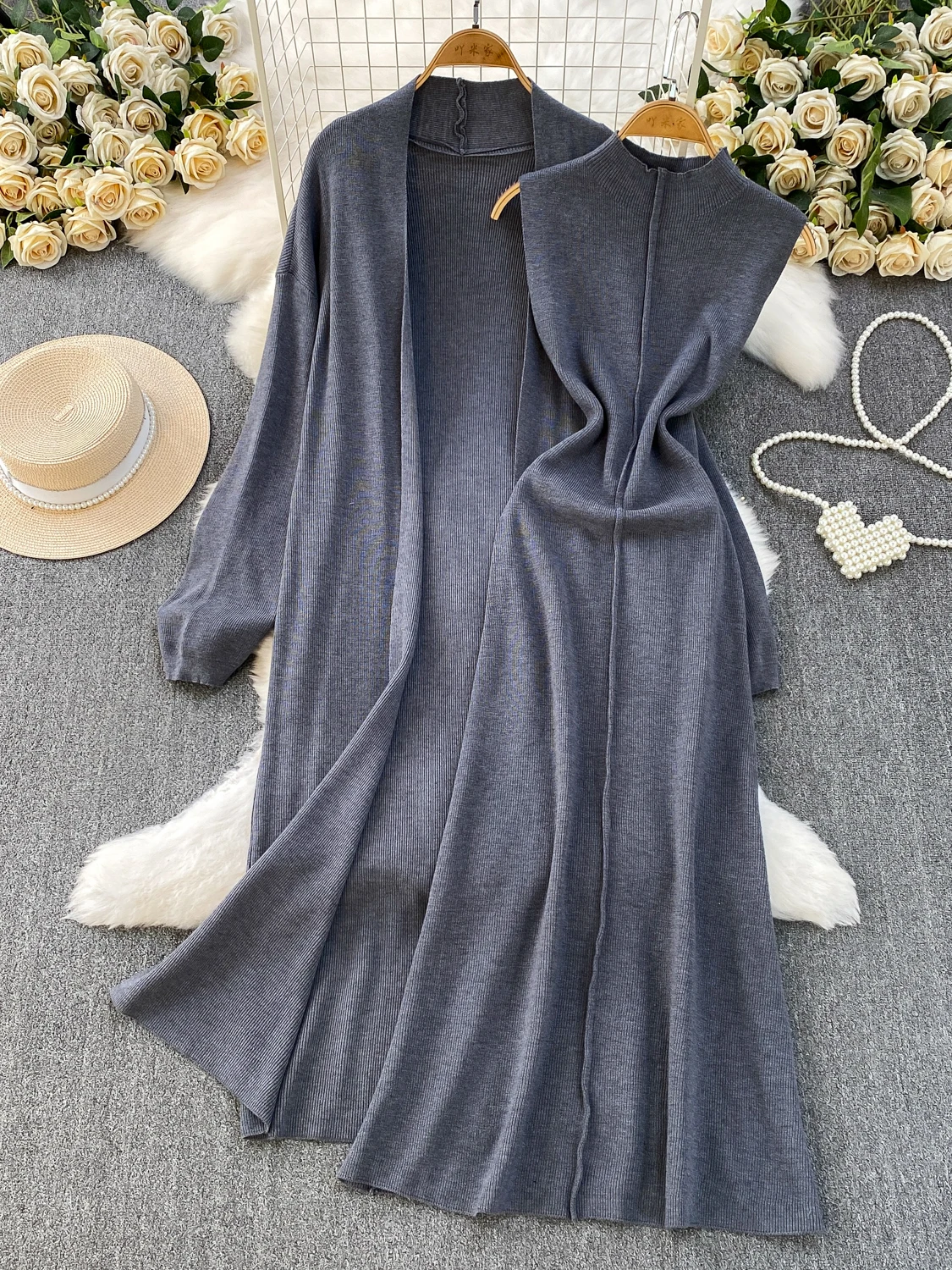 

Casual Knitted Mid-Length Open Cardigan Windbreaker Outerwear Elegant Dress Set Lightweight Mature Style Inner Wear Ensemble