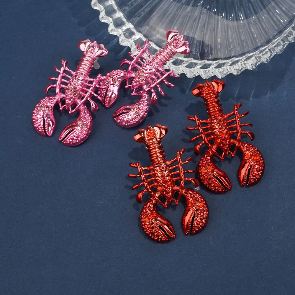 Funny Metal Red Lobster Studs Earrings for Women Girls Lovely Animal Beach Big Dangle Statement Party Jewelry