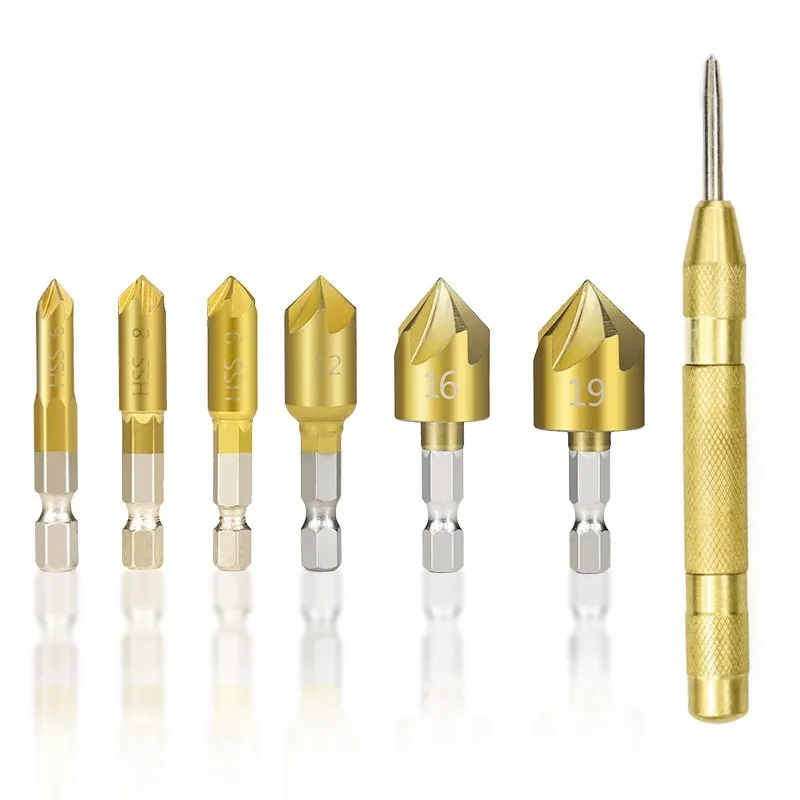 XCAN Hex Shank Countersink Drill Bit 6-19mm Set Titanium Coated 5 Flute Hole Drill 90 Degrees Wood Chamfering Cutter