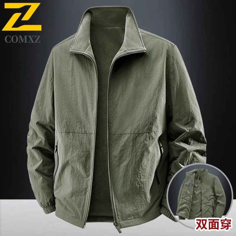 

COMXZ 2025 Mens Fleece Lined Jacket Autumn Winter Casual Thickened Reversible Stand Collar Loose Fit Plus Size Top 2502A