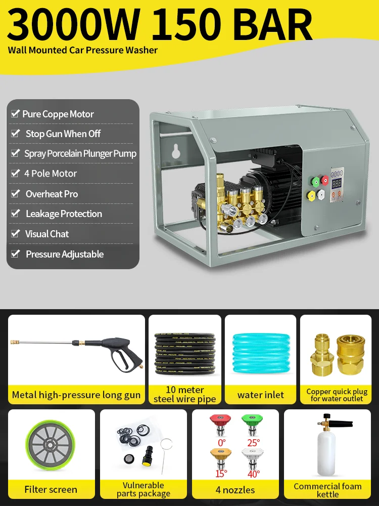 3000w Electric Water Pressure Washer High-Pressure Jet Car Sruface Clean Machine Portable Wall Mounted With Auto Stop System