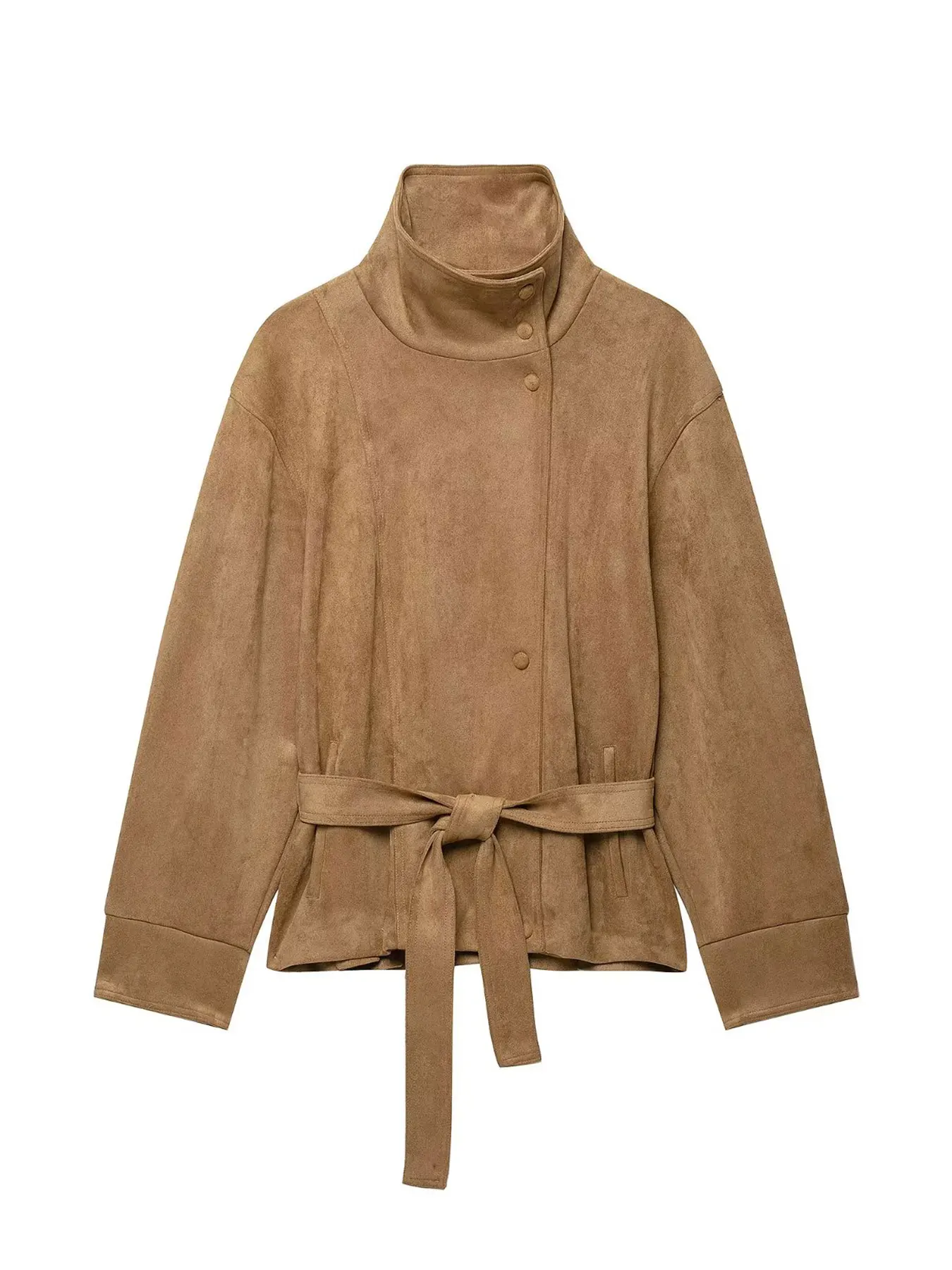 HH Causal Female Belted Long Sleeve Outerwear Elegant Party Stand Collar Cropped Coat Autumn Vacation Asymmetrical Button Jacket
