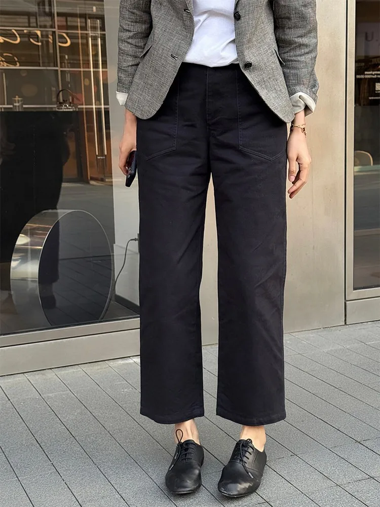 

Женские прямые брюки Slim Fit, новинка 2026 года, укороченные, узкие, с широкими штанинами, синие джинсы, повседневные, удобные, из хлопка