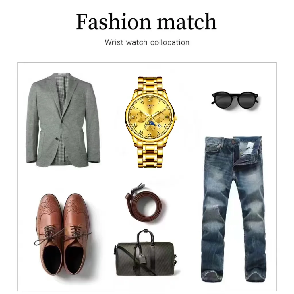 ORUSS оригинальные мужские часы из нержавеющей стали с двойным календарем, водонепроницаемые светящиеся роскошные золотые часы, модные кварцевые мужские наручные часы, новые