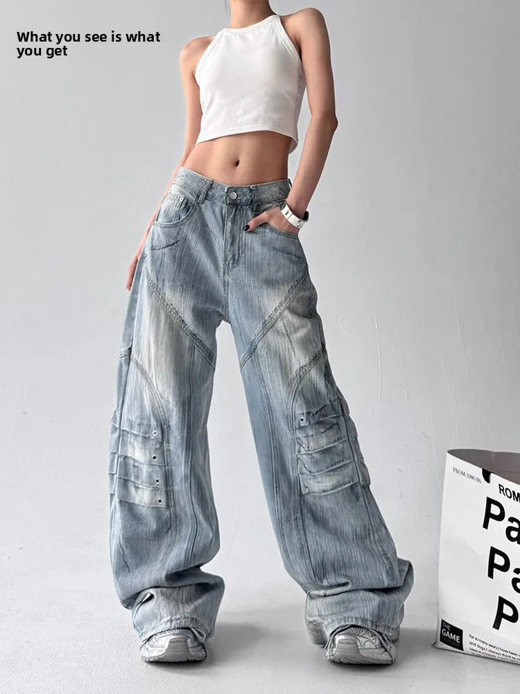 

American Sle Hot Girl Denim Pants Women's Design Sensation Straight Loose Casual Drapey Floor-Length Wide Leg Jeans