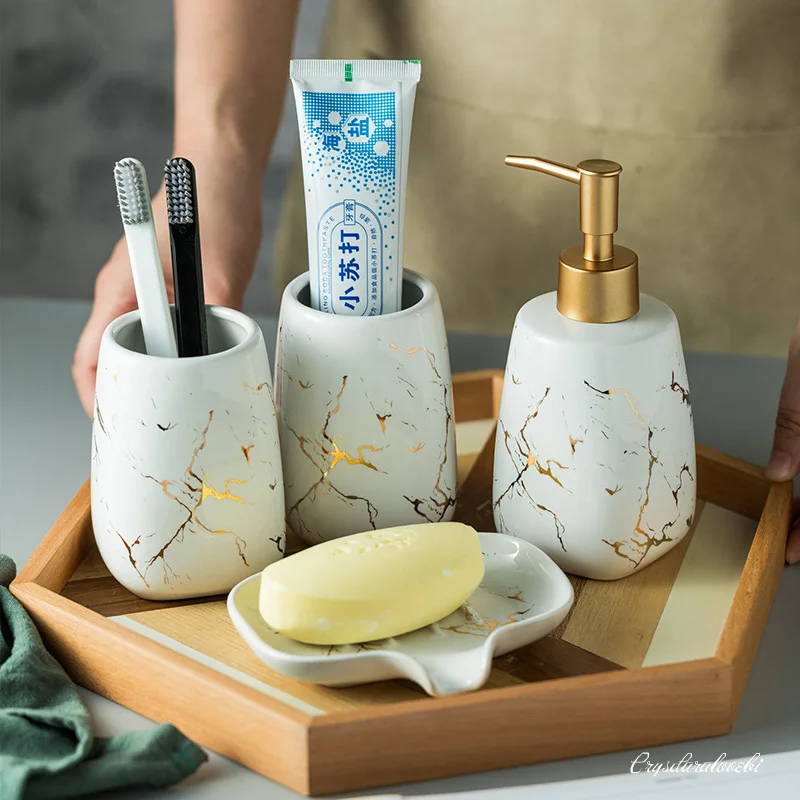 4pcs Set Bathroom Supplies Dark Green Ceramic Marble Pattern Bathroom Tray Wash Mug Cup Toothbrush Kit Ceramic Toothp