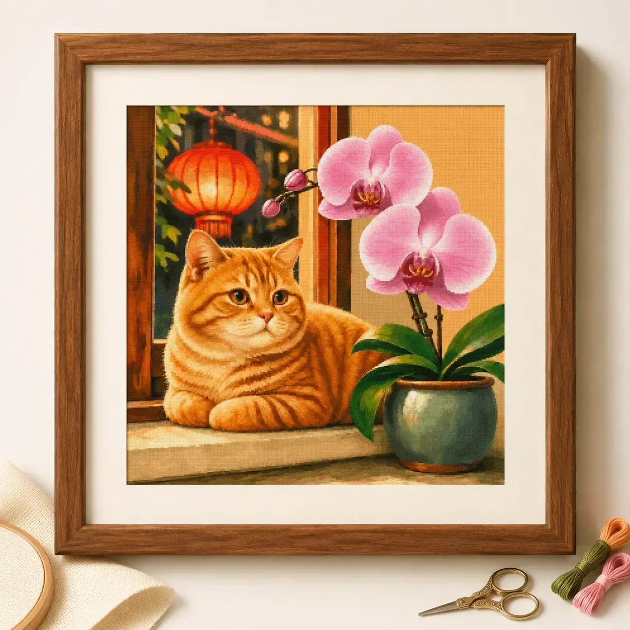 [ZZ8882-Phalaenopsis and Orange Cat] Stamped Cross Stitch Kit 11CT 14CT 16CT 18CT Pre Printed Canvas Cotton Floss DIY Embroidery