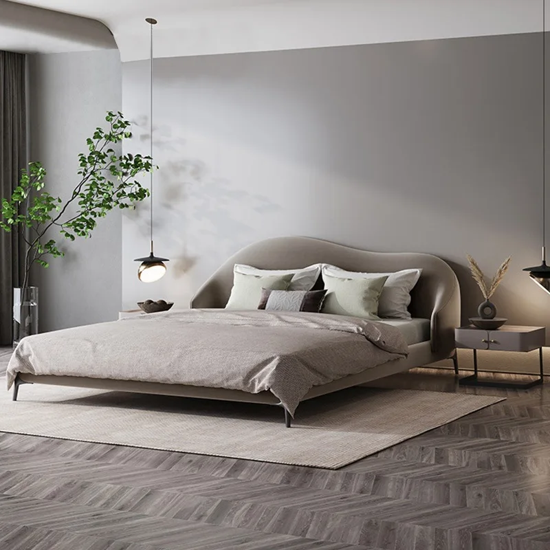 simple ins' cream wind cloud bed, wabi sand wind flannel bed light luxury small apartment master bedroom double fabric bed