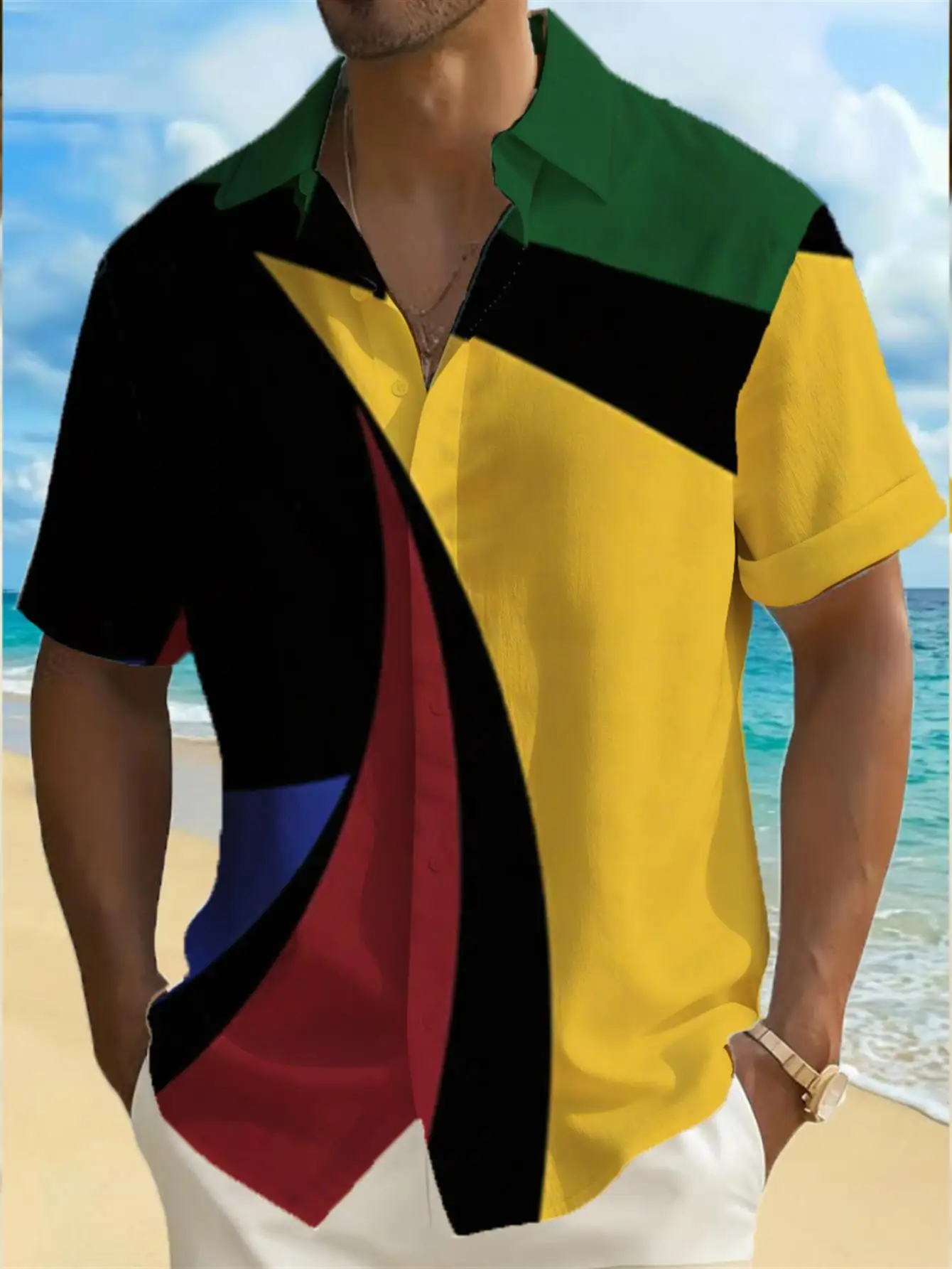 Men's Shirt Geometric Color Block Curved Stitching Print Short Sleeve Lapel Button Down Summer Casual Hawaiian Tops Men Clothing