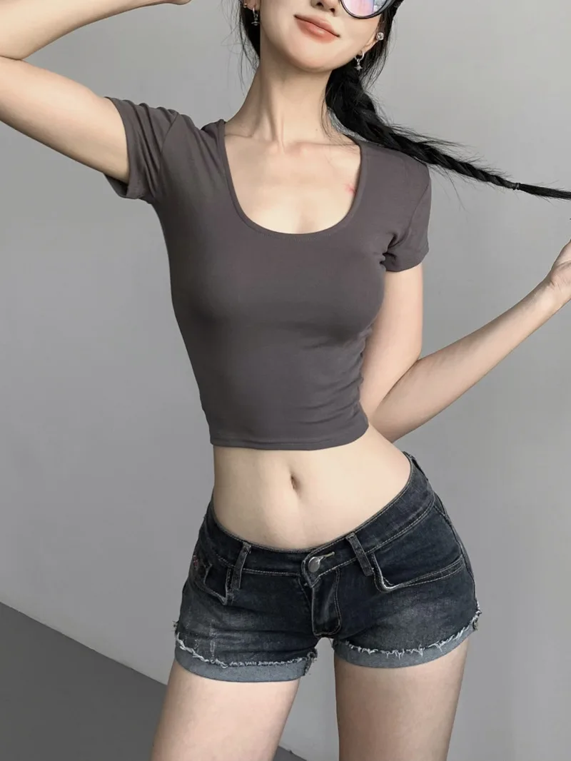 Spicy Girl Pure Cotton Low Neck Short Sleeve T-shirts Women 2024 Summer New Style Cinching Waist  Solid Slim Short Top H9N6