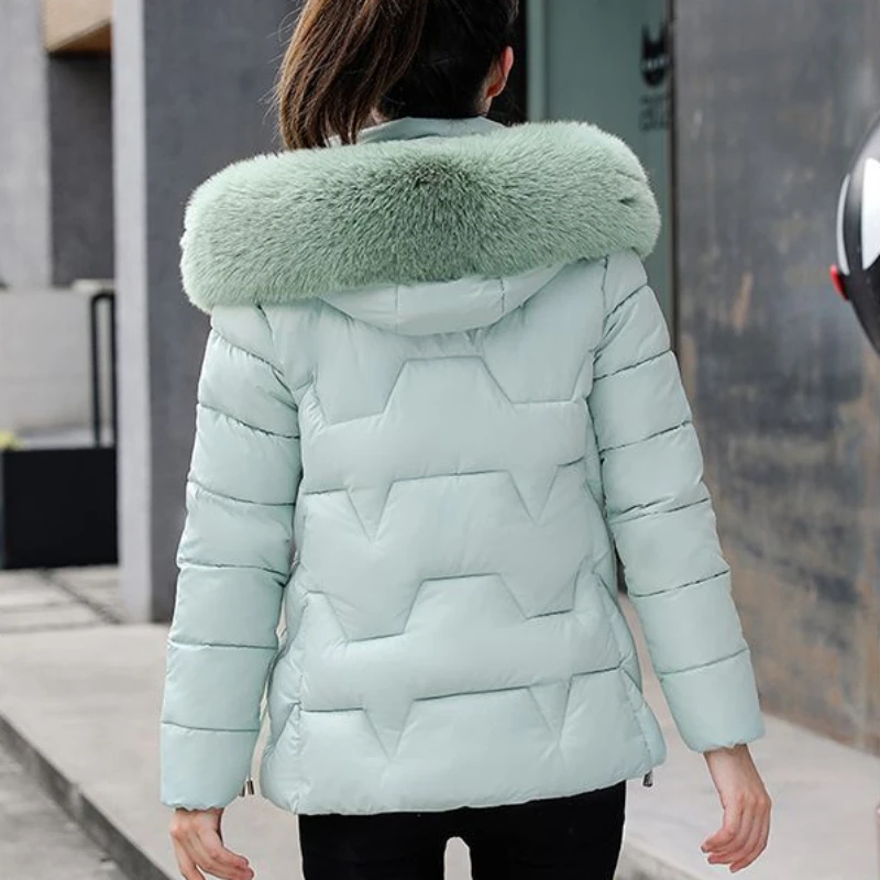 2023 Winter New Hooded Down Jacket Women Bright Surface Wash-Free Cotton-Padded Coat Short Fur Collar Coat