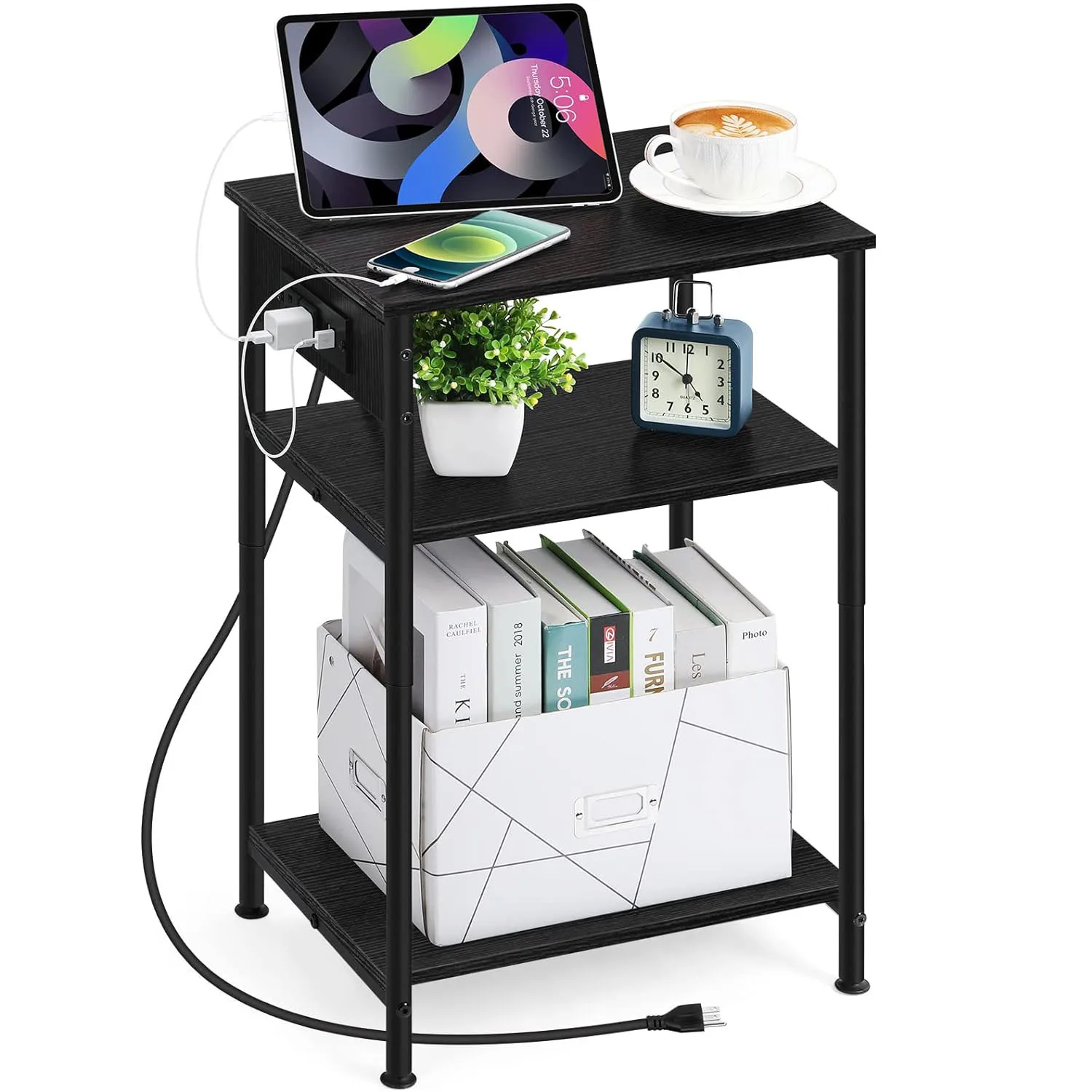 Nightstand Black with Charging Station, 3 Tier Black Nightstand End Table with Storage Shelf, Narrow Side Table with USB Ports