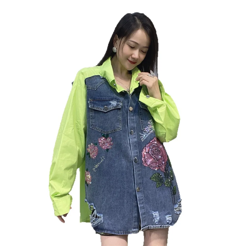 Denim Jacket for Women Autumn Loose Mid-Length Shirt Color-Block Long Sleeve Cardigan Trendy Brand Floral Rhinestone Jacket