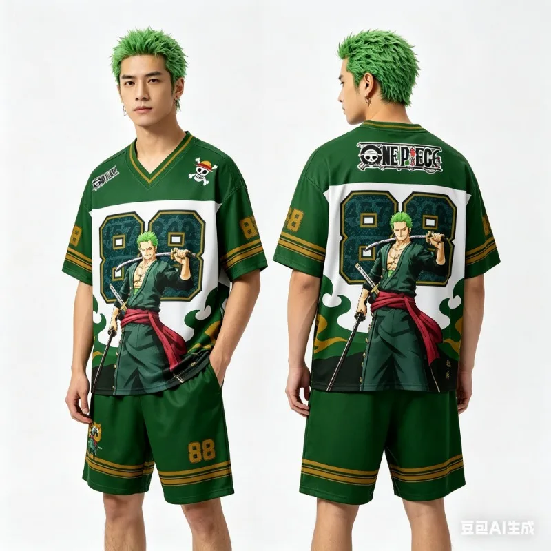 Sommer Neuheit: Herren ONE PIECE Roronoa Zoro T-Shirt & Shorts Set, Übergroßes Atmungsaktives Schnelltrocknendes Sportset, Cartoon-Mode Freizeitset ﻿